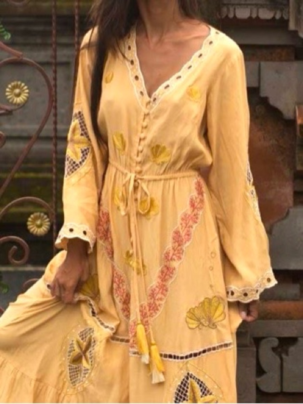 🆕 Zaimara Boho Embroidered Golden Yellow Maxi Dress Long Sleeve Button-Up 0/S